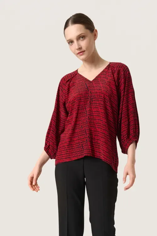 Slalize 3/4 Sleeve V-Neck Blouse in Salsa Square Print by Soaked in Luxury