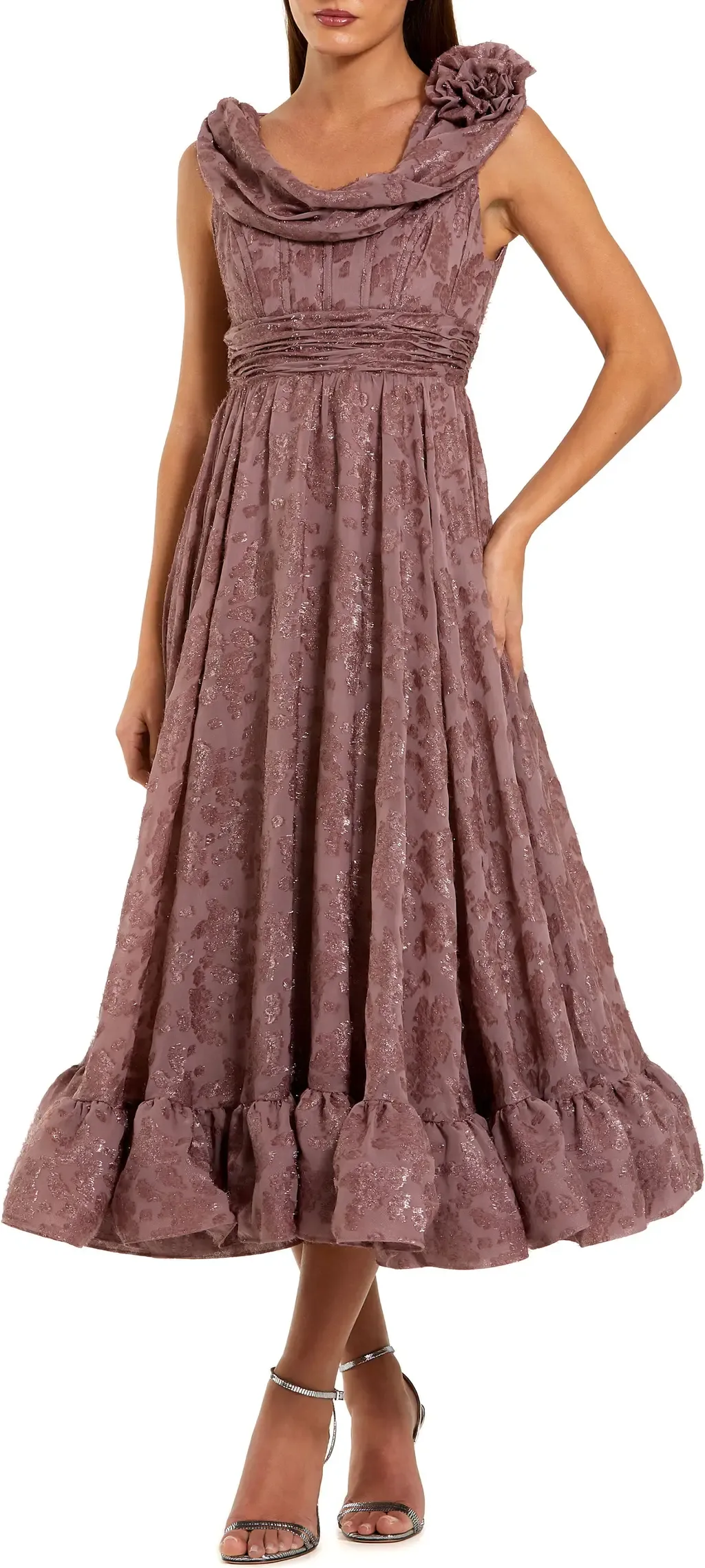 Burnout Chiffon Sleeveless Cowl Neck Midi Dress