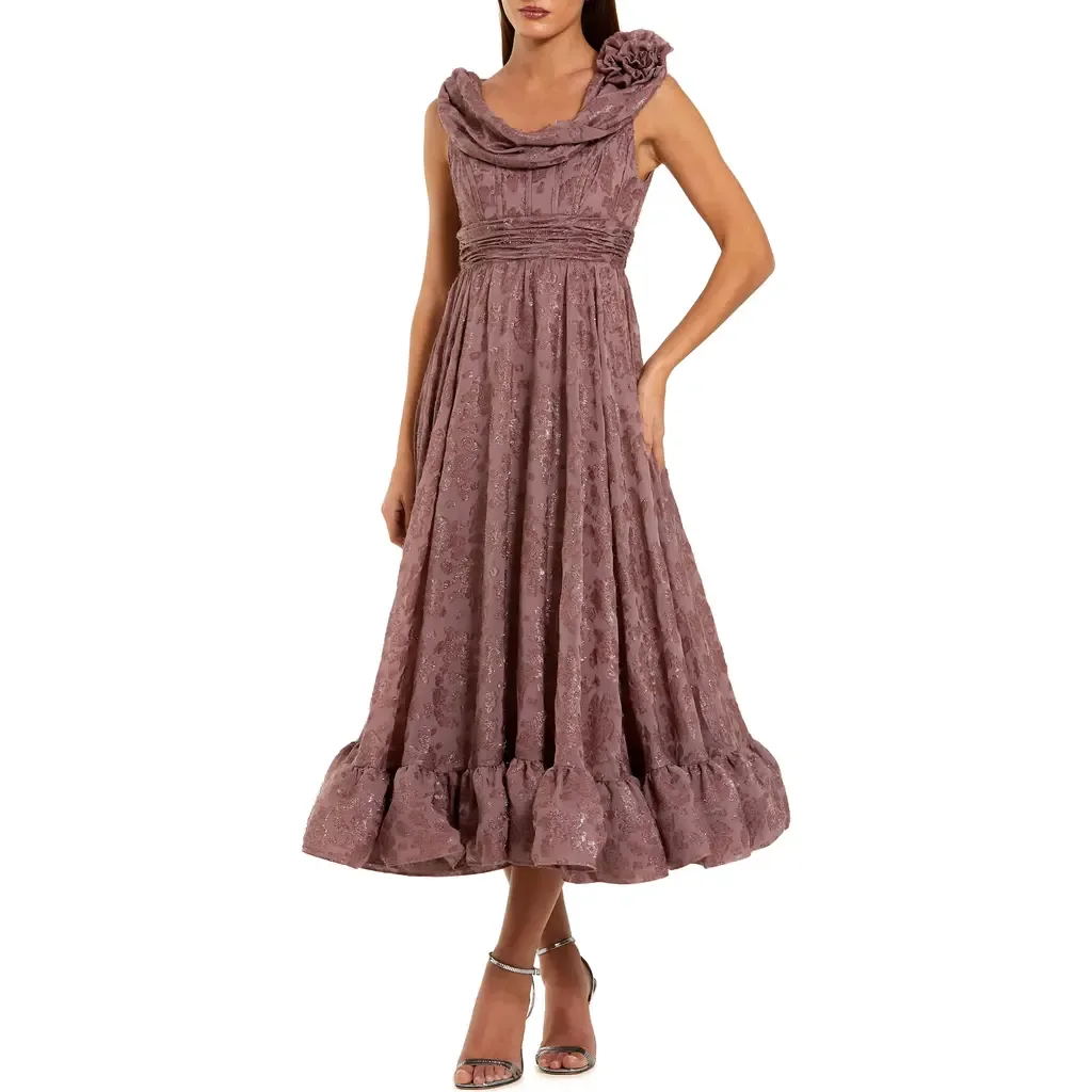 Burnout Chiffon Sleeveless Cowl Neck Midi Dress by Mac Duggal