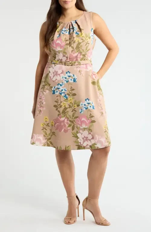 Floral Belted Pleat Neck Dress by Tahari ASL