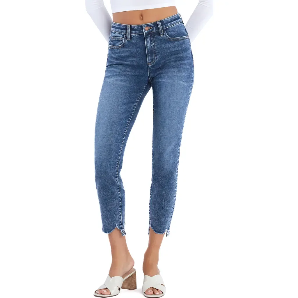 Chewed Hem Mid Rise Ankle Skinny Jeans by HINT OF BLU
