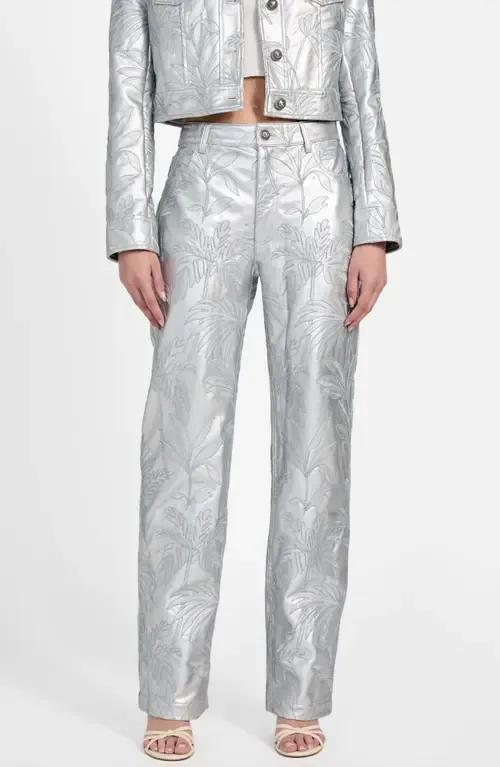 Clelia Embroidered Metallic Faux Leather Straight Leg Pants by GUESS