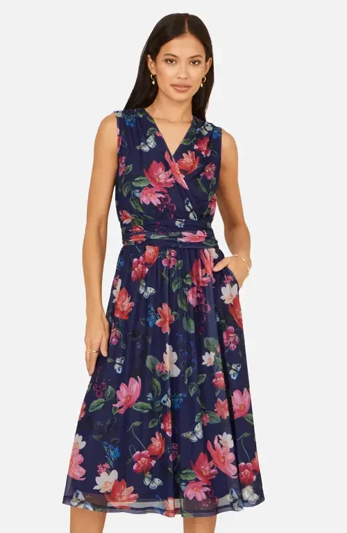 Floral Print Mesh Stretch Midi Dress by Yumi