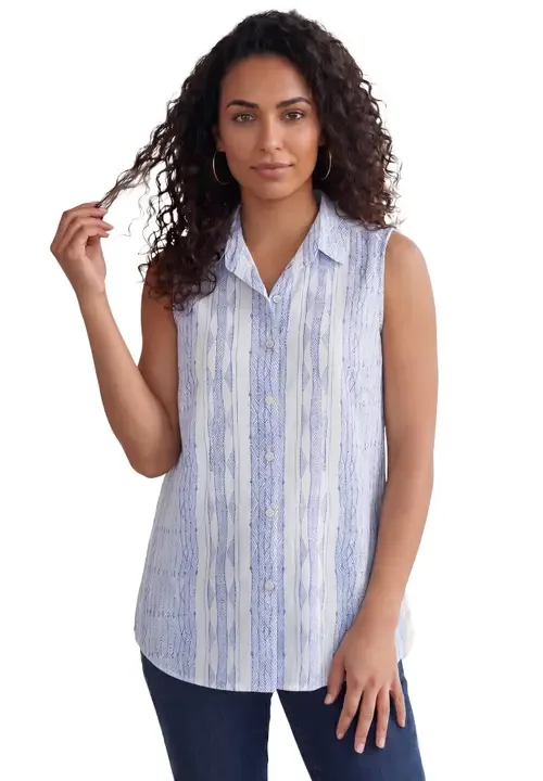 Kate Sleeveless Shirt in French Blue White Stripe by Roaman's
