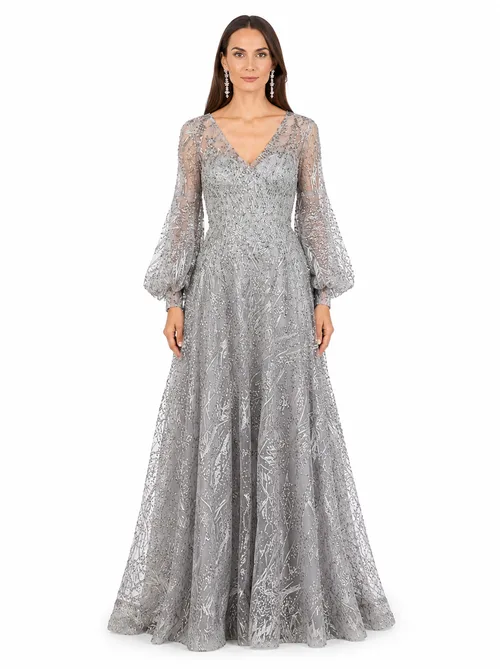 V Neckline Long Sleeve Gown by LARA New York
