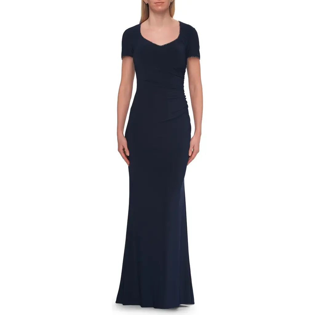 Short Sleeve Jersey Gown with Sweetheart Neckline and Ruching by La Femme