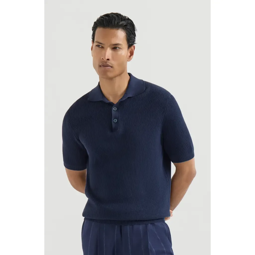 Cotton English Rib Knit Polo Shirt by Brunello Cucinelli
