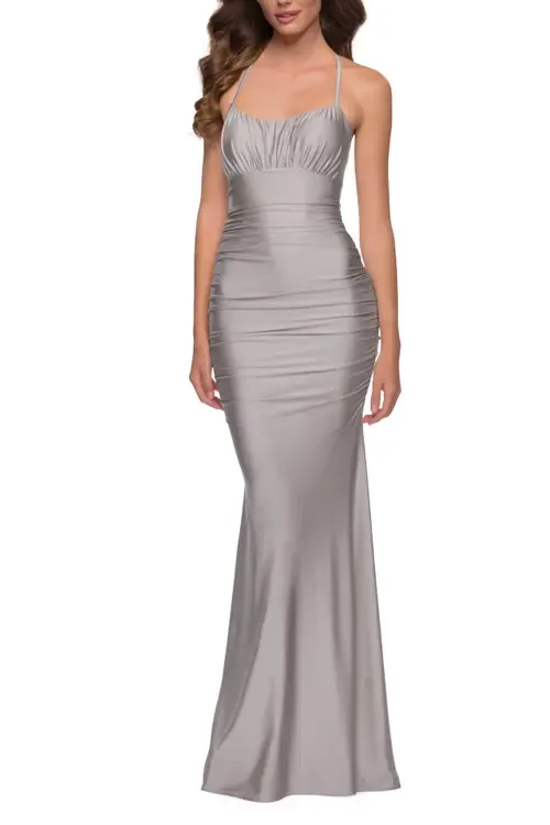 On Trend Jersey Long Dress with Ruching on Bodice by La Femme