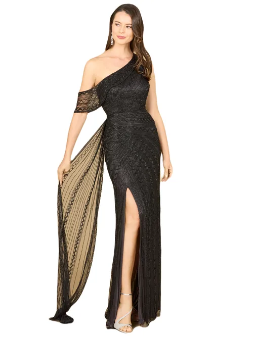 Beaded One Shoulder Dress with Train by LARA New York