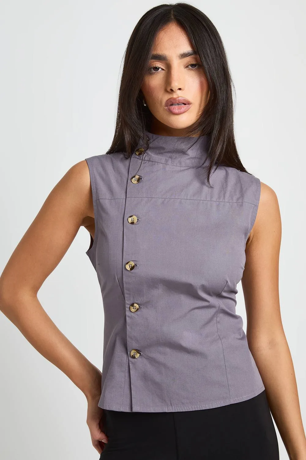 Cotton Funnel Neck Sleeveless Shirt by boohoo