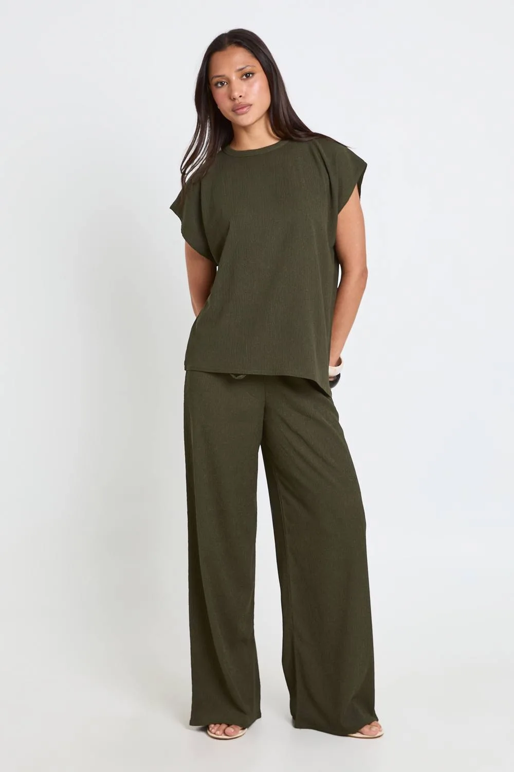 Crinkle Asym Hem Top Straight Leg Co Ord by boohoo