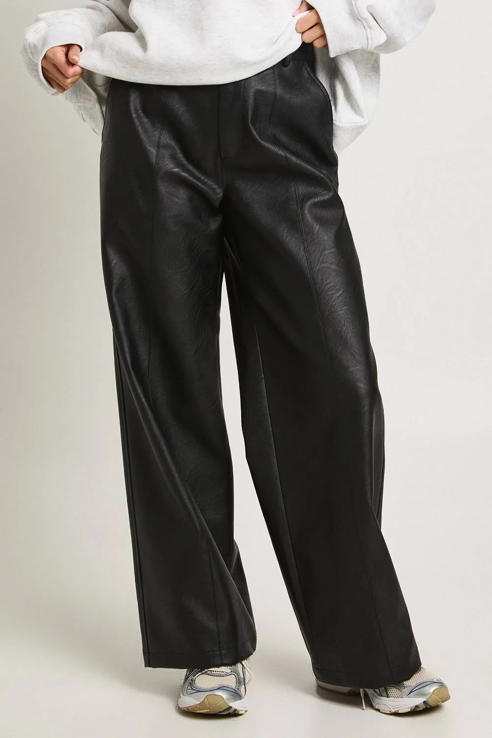 Faux Leather Seam Detail Straight Leg Tailored Trouser by boohoo