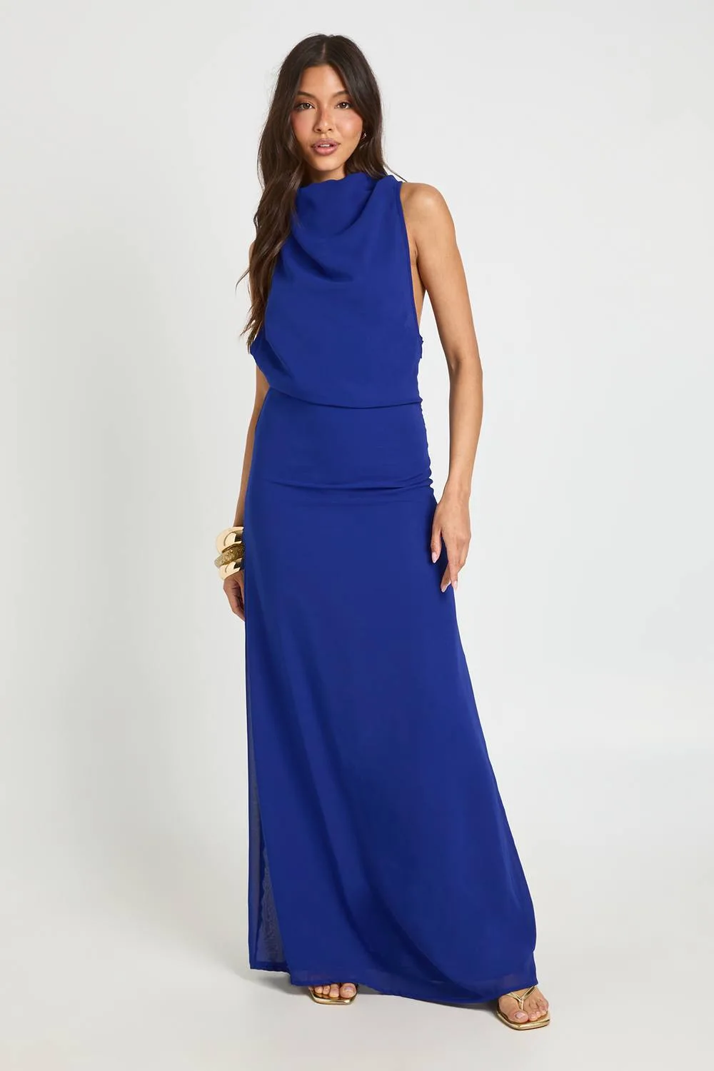 Chiffon High Cowl Neck Open Back Maxi Dress by boohoo