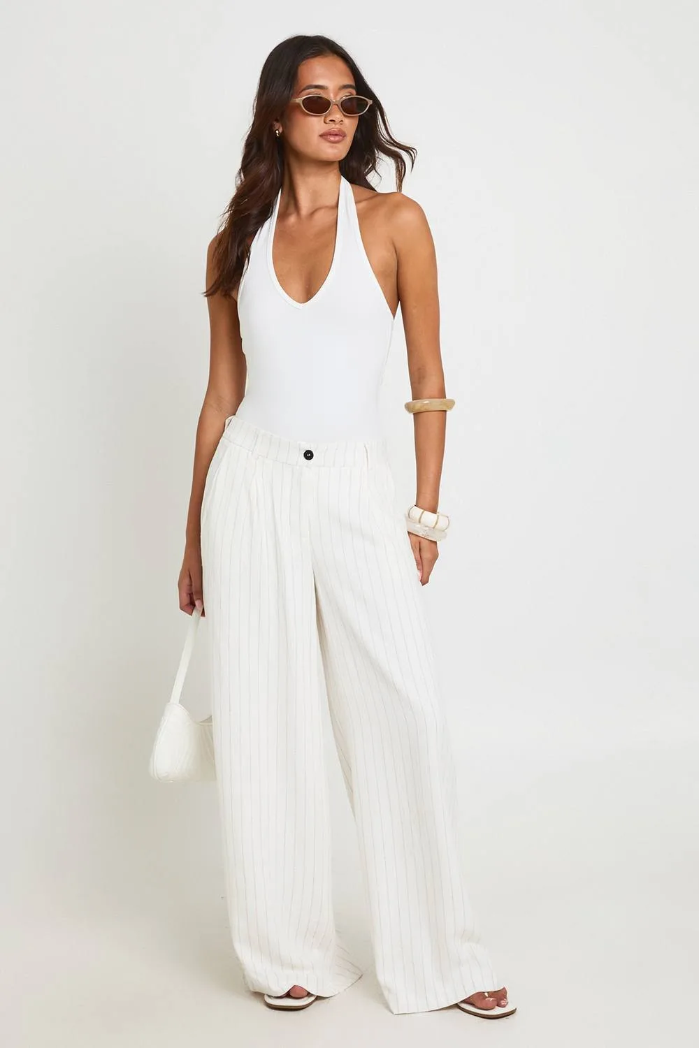 Stripe Linen Look Pleated Wide Leg Tailored Trousers by boohoo