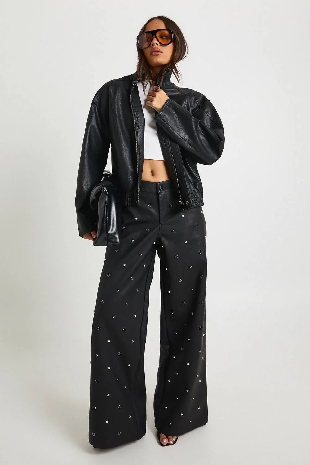 Faux Leather Studded Wide Leg Trouser by boohoo