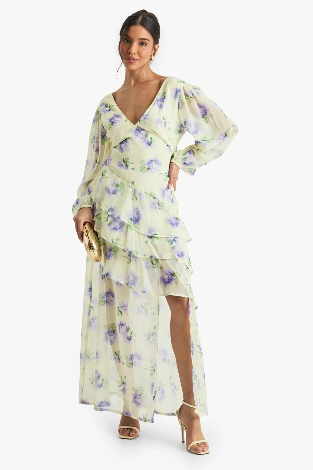Floral Chiffon Frill Detail Maxi Dress by boohoo