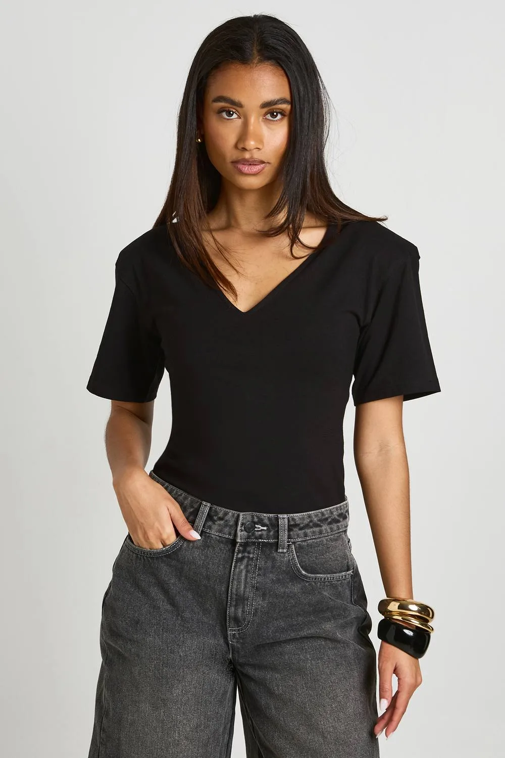 Shoulder Pad V Neck Bodysuit
