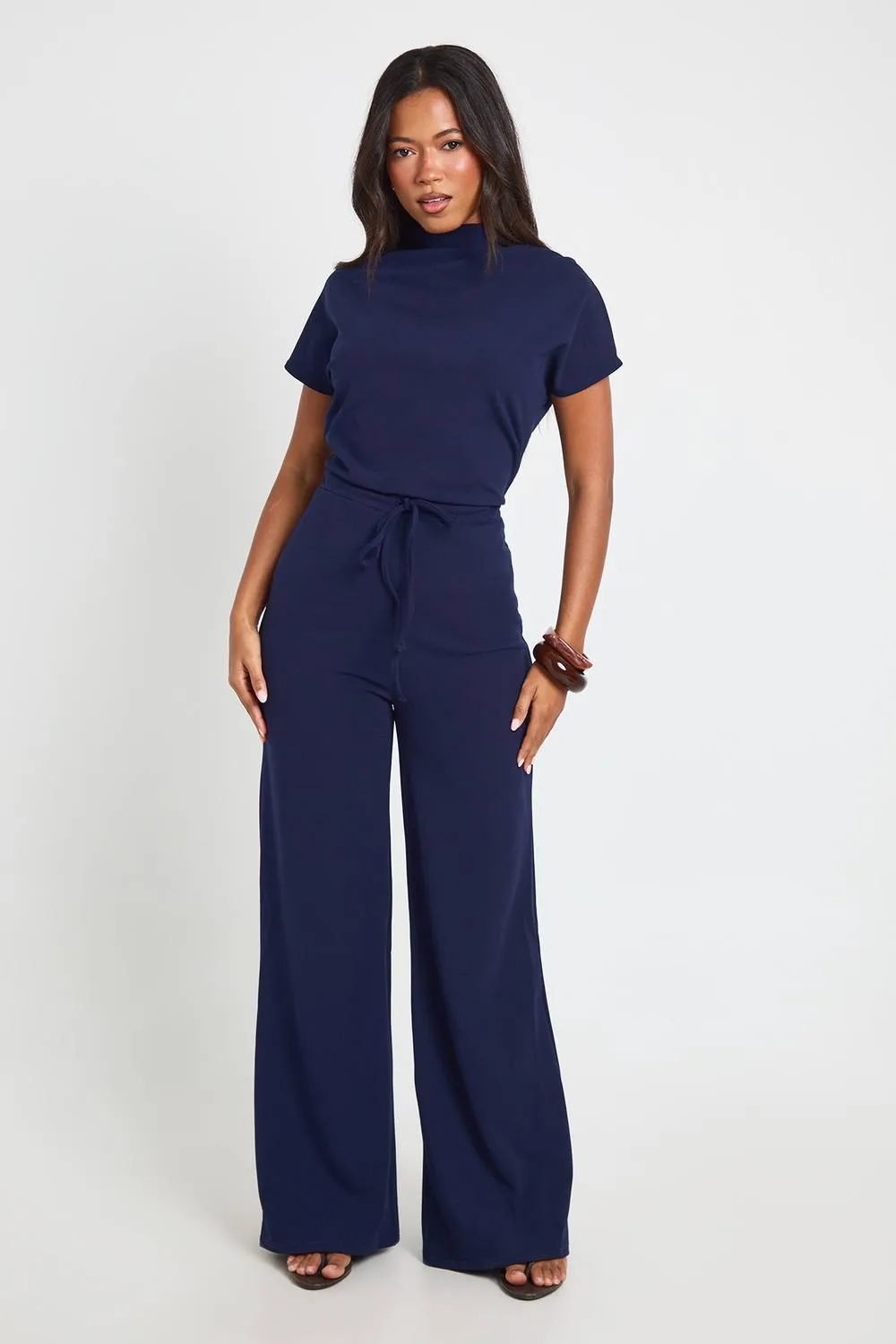 Crepe Grown on Neck Drawstring Waistband Wide Leg Jumpsuit by boohoo