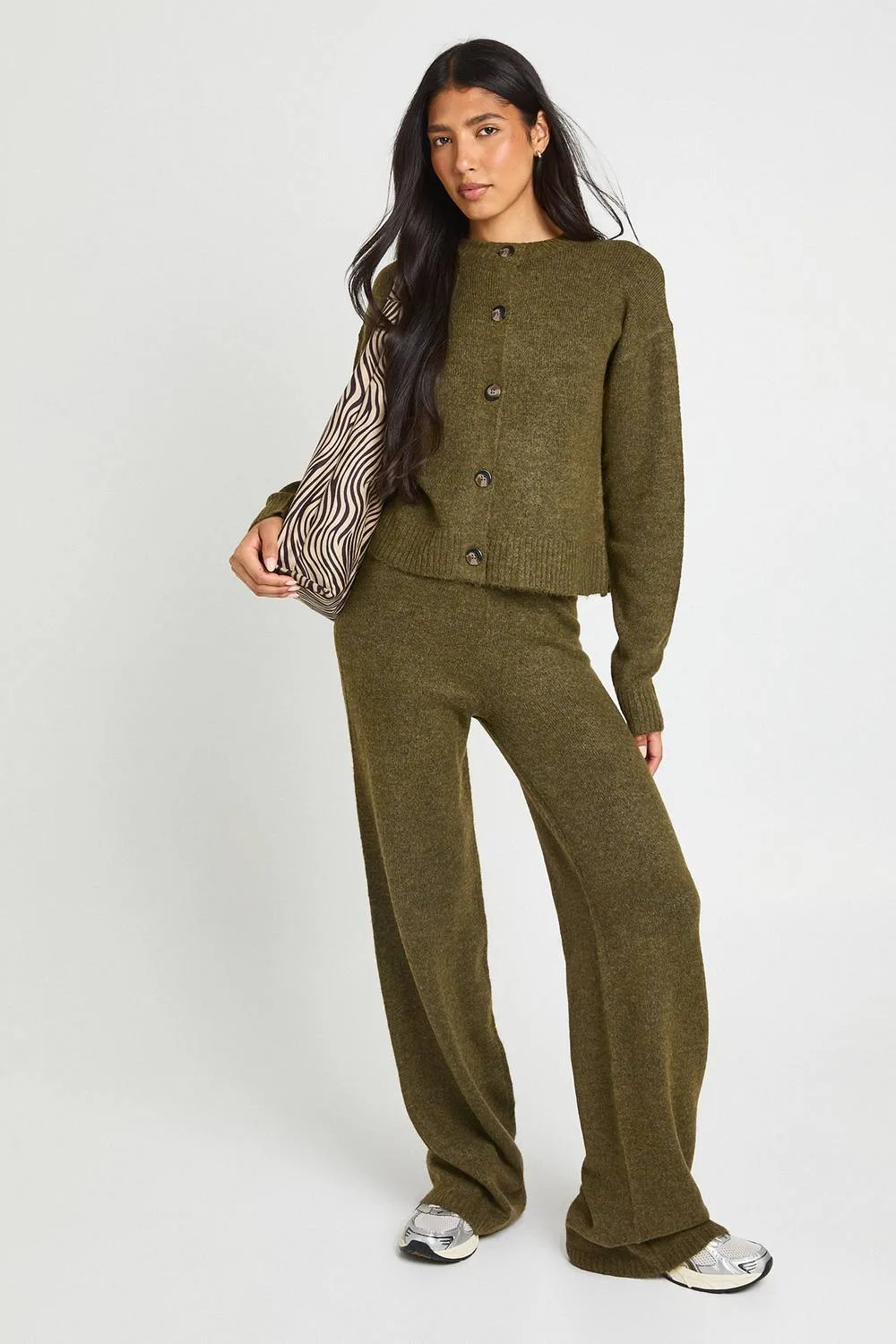 Crew Neck Soft Knit Knitted Cardigan & Wide Leg Trouser Co-Ord by boohoo