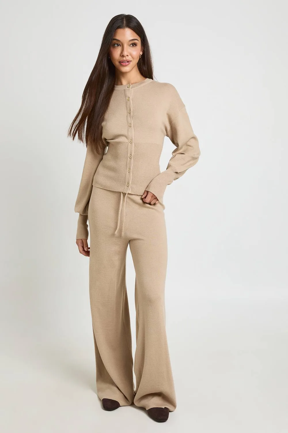 Cinched Waist Cardigan & Wide Leg Trouser Knitted Co-Ord - Stone by boohoo