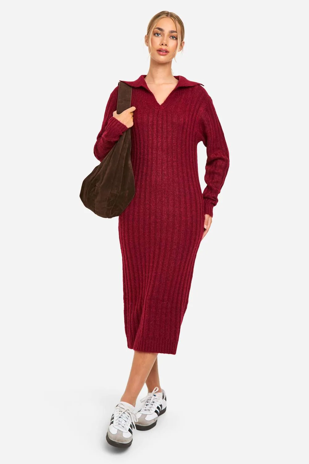 Soft Knit Thick Rib Collar Detail Midaxi Dress