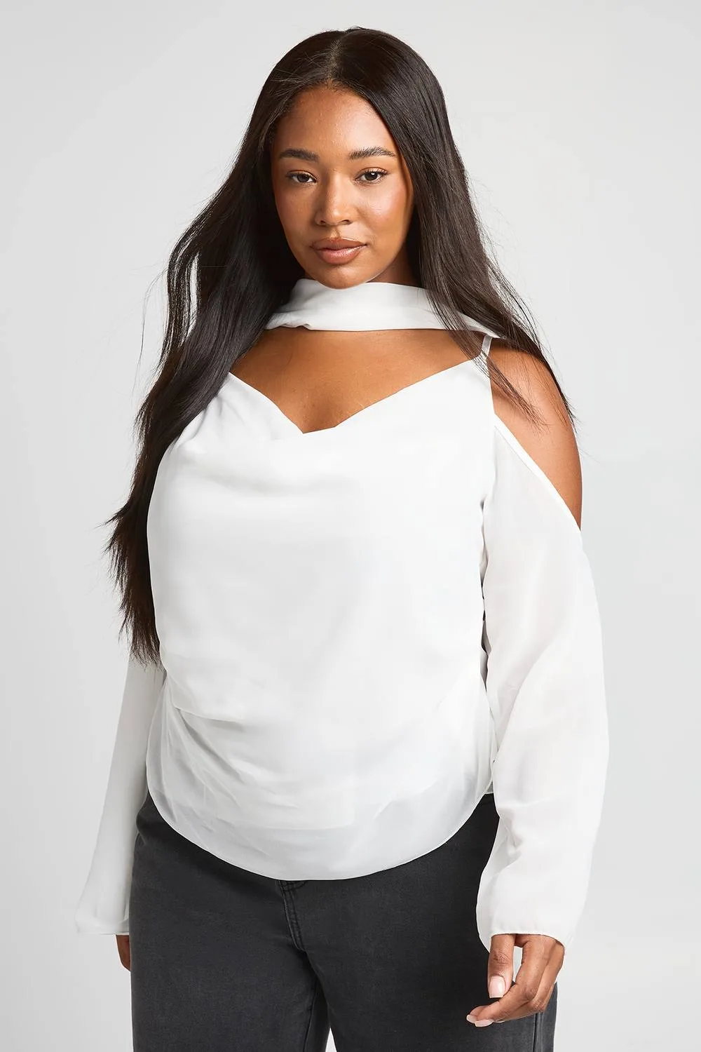Sheer Cowl Neck Top with Scarf Detail