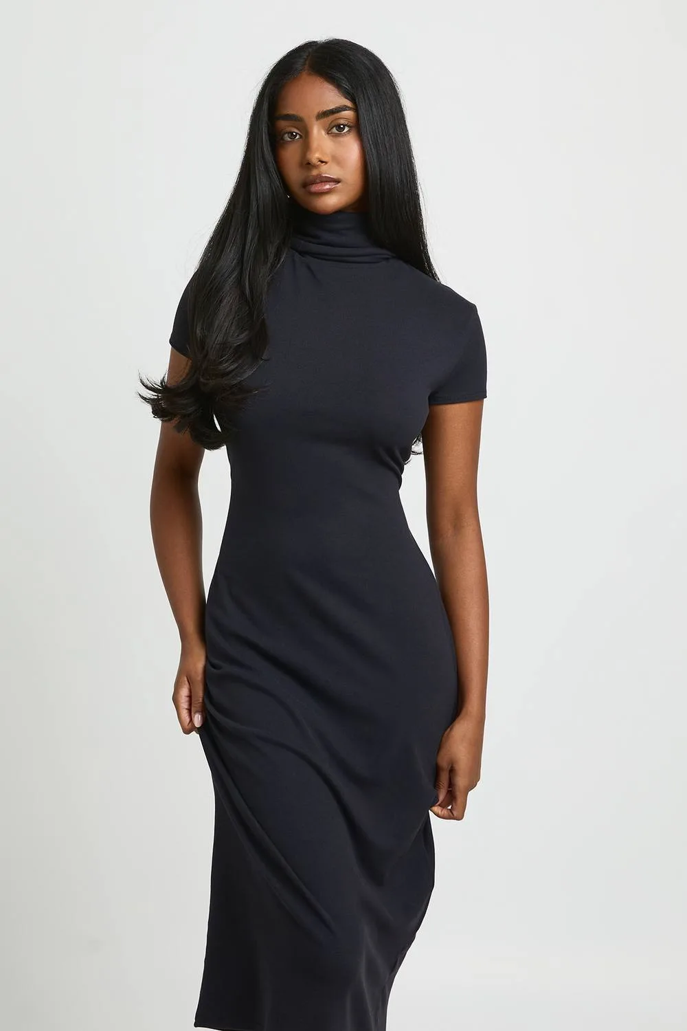 Basic Supersoft Roll Neck Cap Sleeve Midi Dress by boohoo