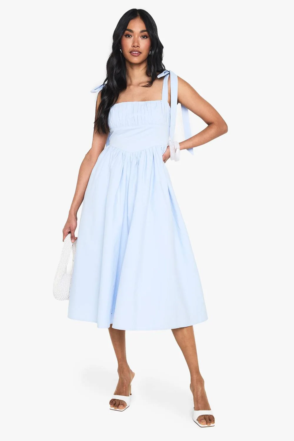 Cotton Ruched Bust Shoulder Tie Midi Dress by boohoo