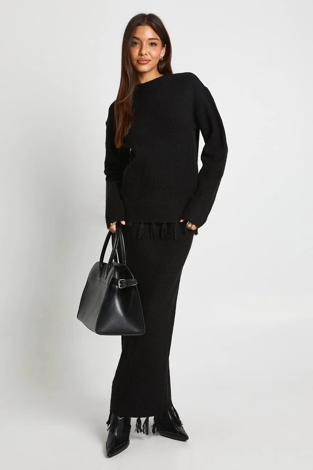 Tassel Hem Detail Oversized Jumper & Knitted Skirt Co-Ord by boohoo
