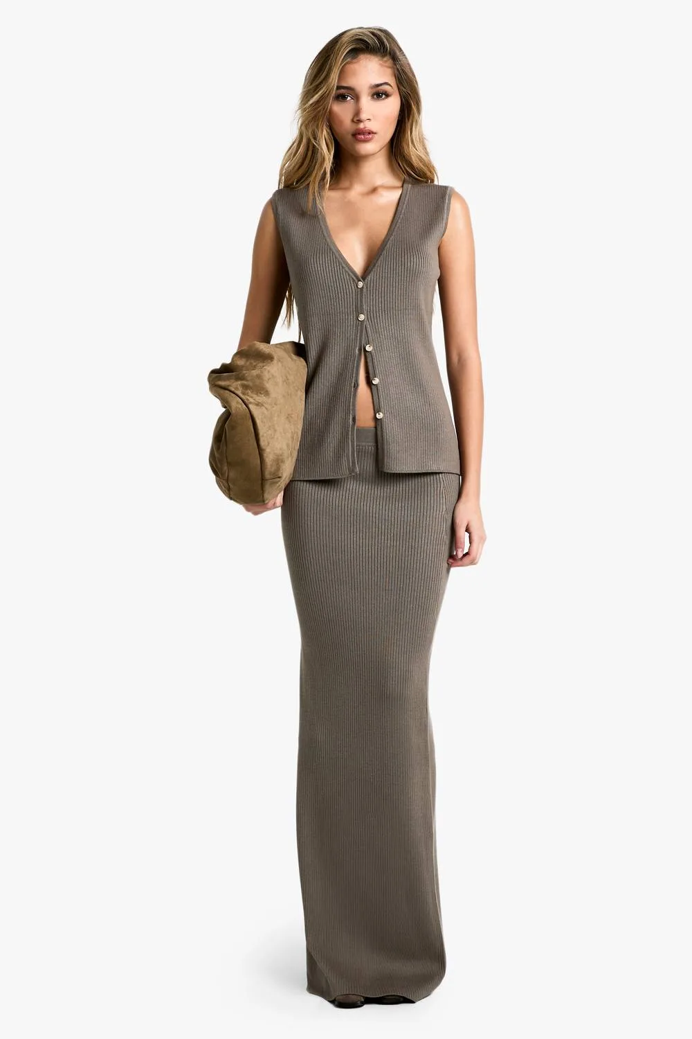 Premium Rib Knitted Longline Waistcoat & Maxi Skirt Set by boohoo