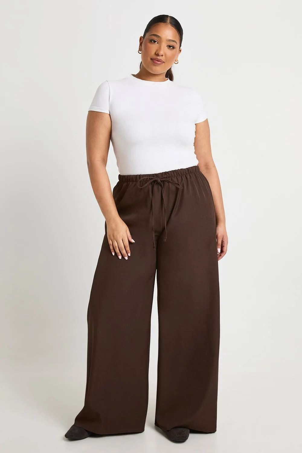 Woven Elasticated Waist Drawstring Wide Leg Trouser