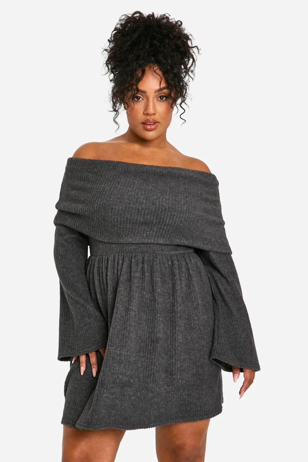 Brushed Rib Off-Shoulder Skater Dress by boohoo