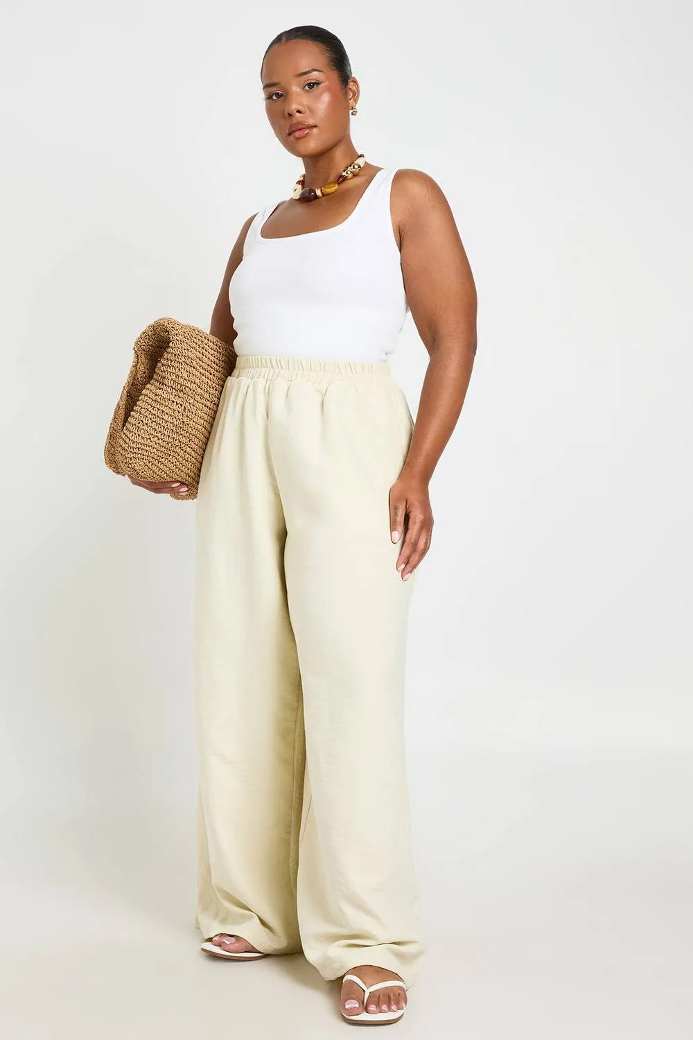 Peached Elasticated Wide Leg Trousers - Stone