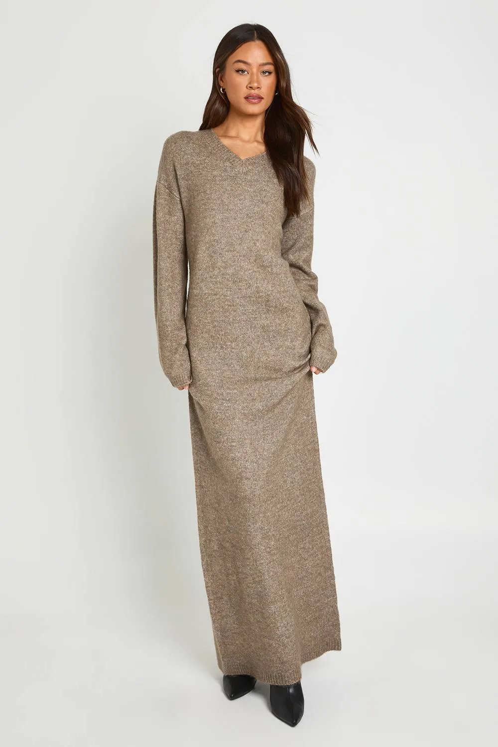 Tall V Neck Long Sleeve Knitted Maxi Dress by boohoo