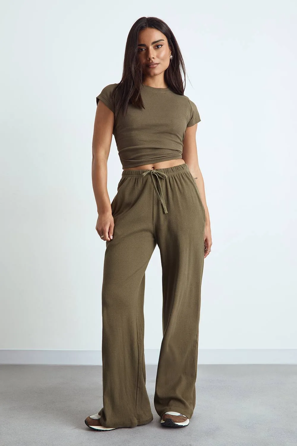 Basic Rib Wide Leg Trouser by boohoo