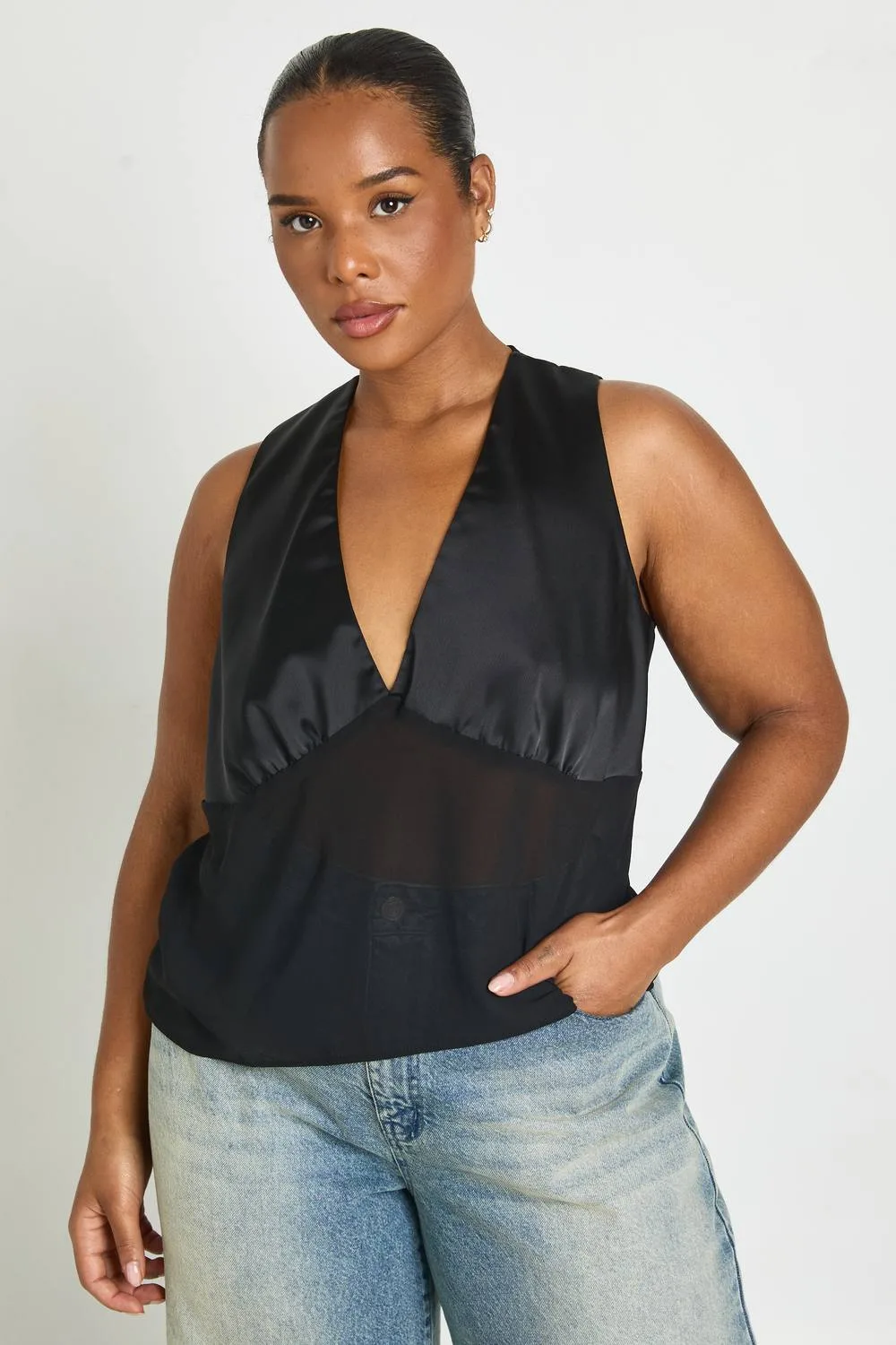 Plus Satin Bust V Plunge Floaty Top by boohoo