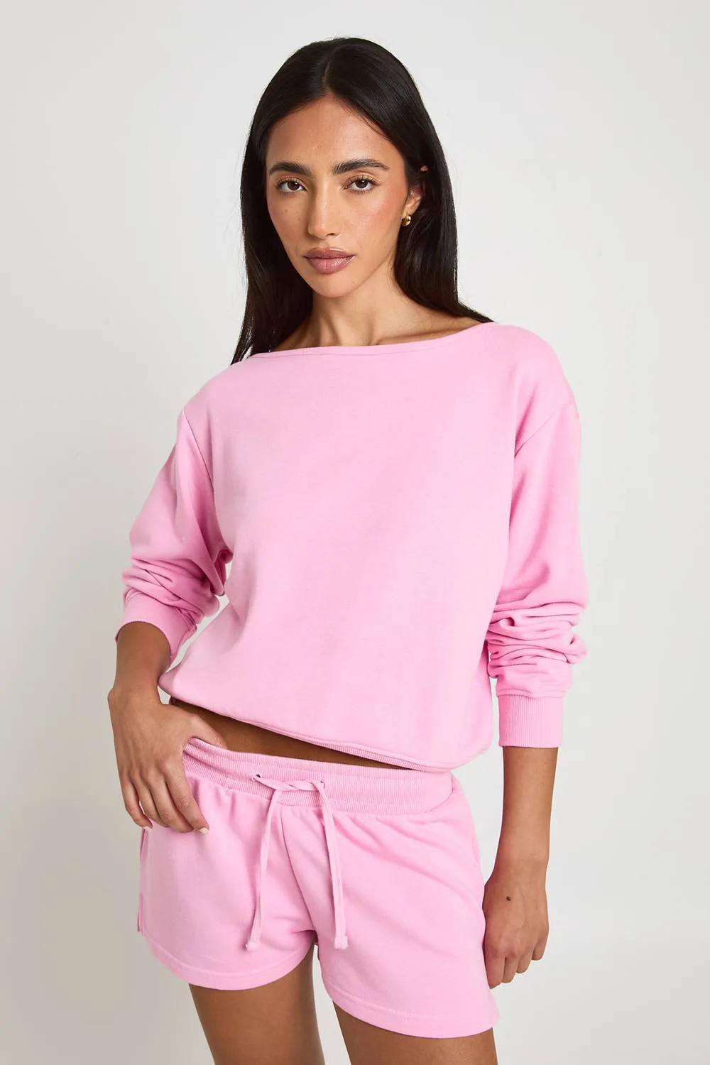 Soft Loopback Off-Shoulder Sweatshirt Short Tracksuit by boohoo