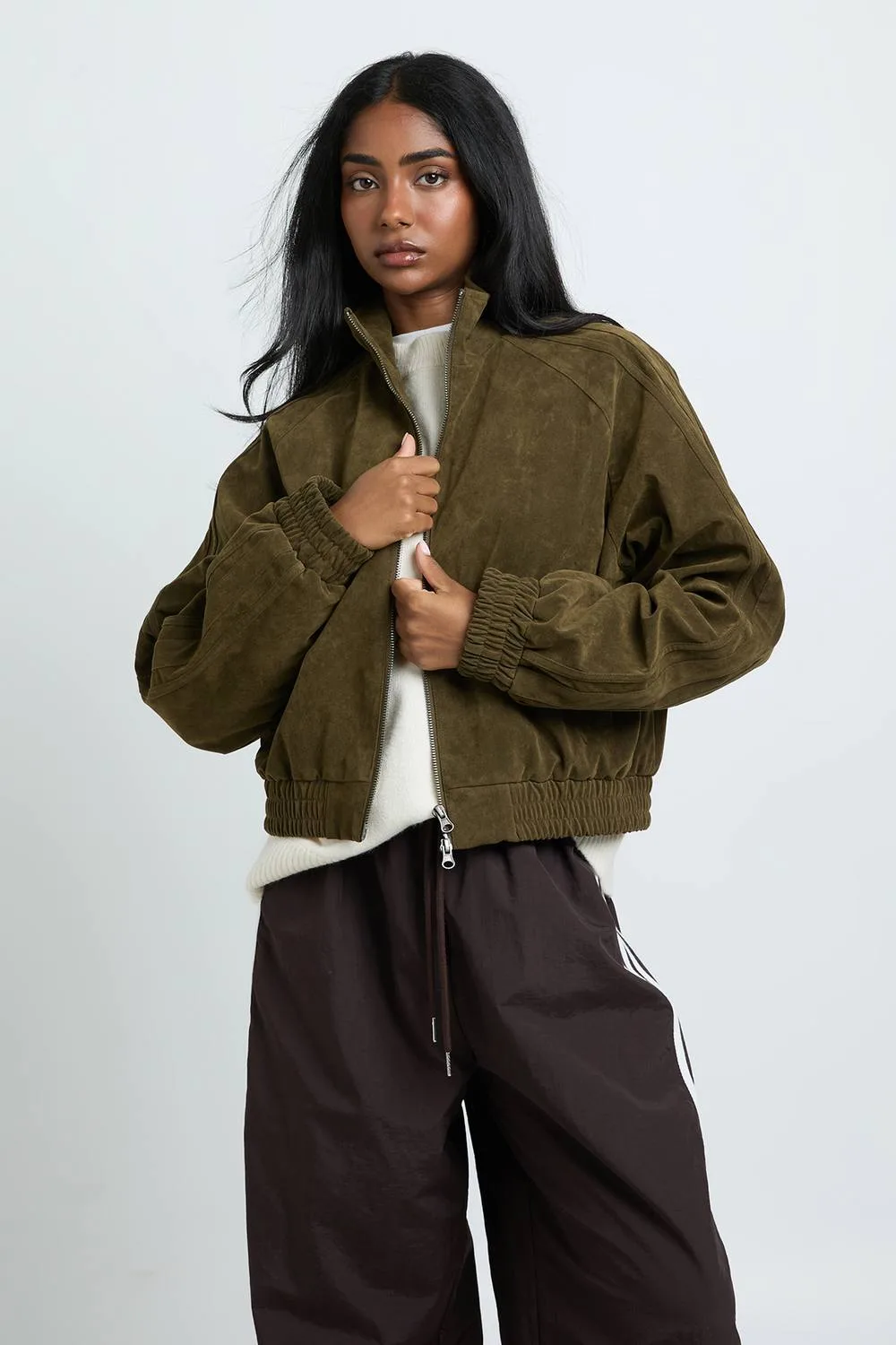 Faux Suede Funnel Neck Bomber Jacket