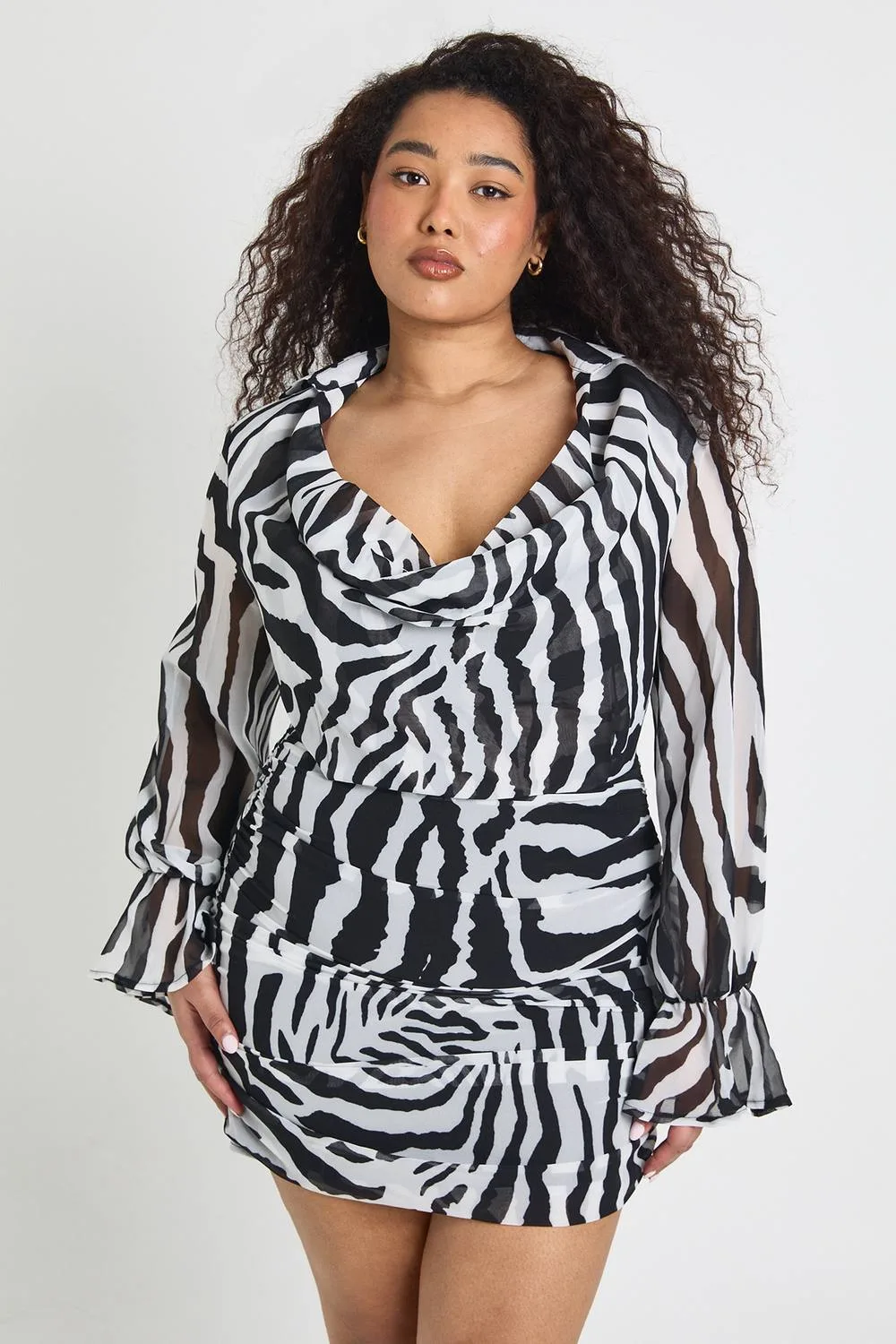 Zebra Print Chiffon Cowl Neck Shirt Dress by boohoo