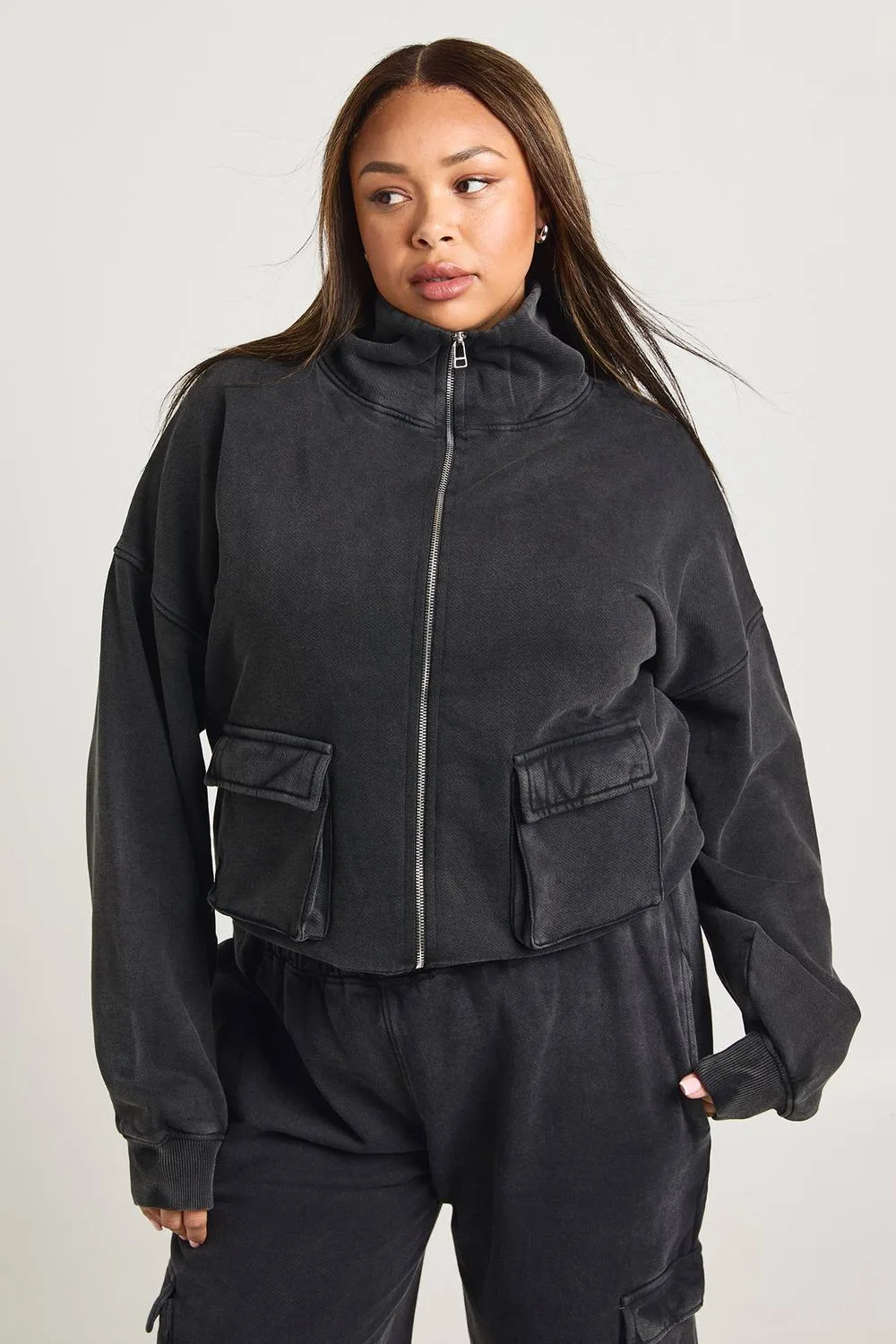 Acid Washed Funnel Neck Denim Jacket by boohoo
