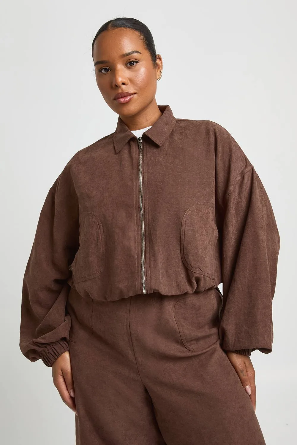 Peached Gathered Waist Zip Up Suede Jacket