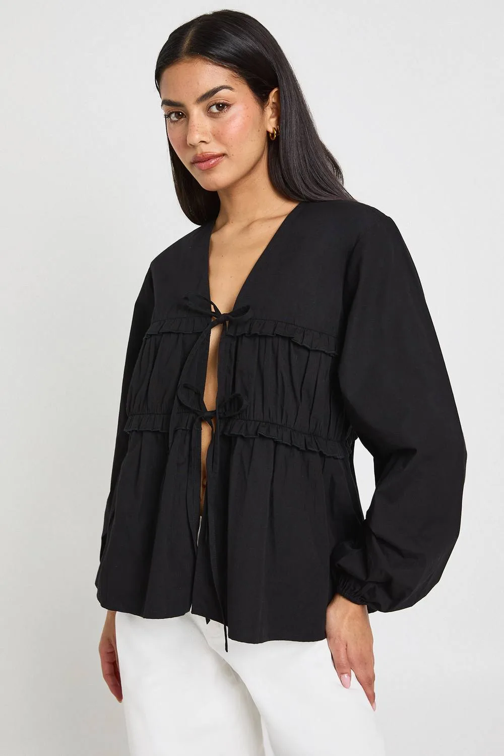 Tie Front Ruffle Poplin Blouse by boohoo