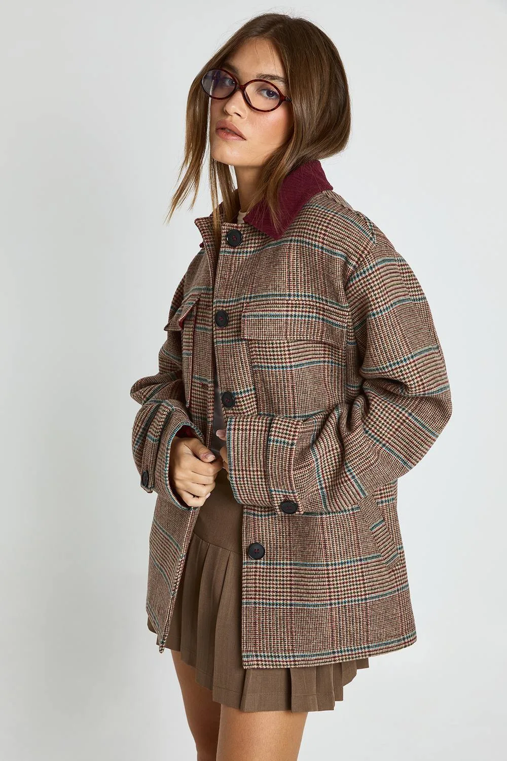 Contrast Cord Collar Herringbone Oversized Wool Look Shacket by boohoo