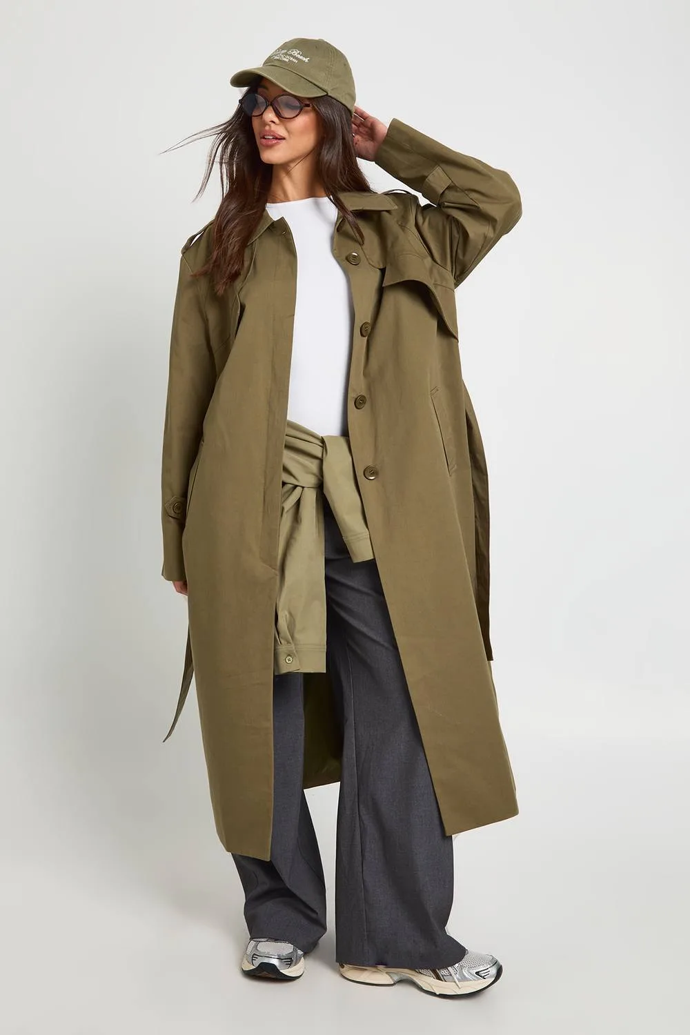 Oversized Belted Trench Coat by boohoo