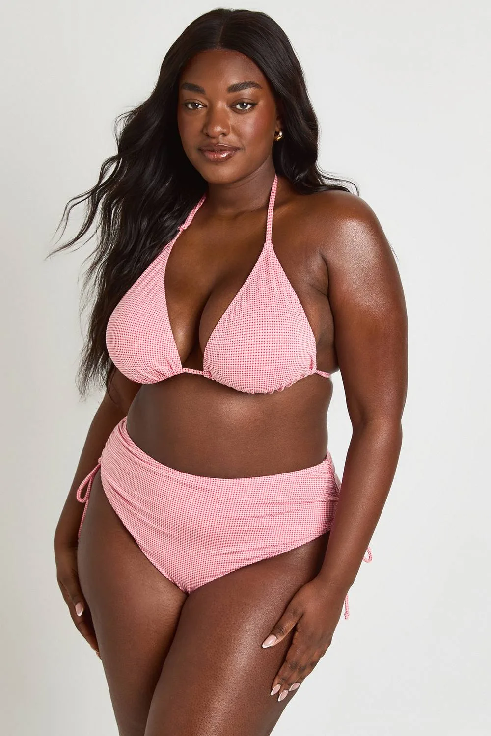 Plus Textured Gingham Triangle Bikini Top & Ruched High Waist Bottom Set