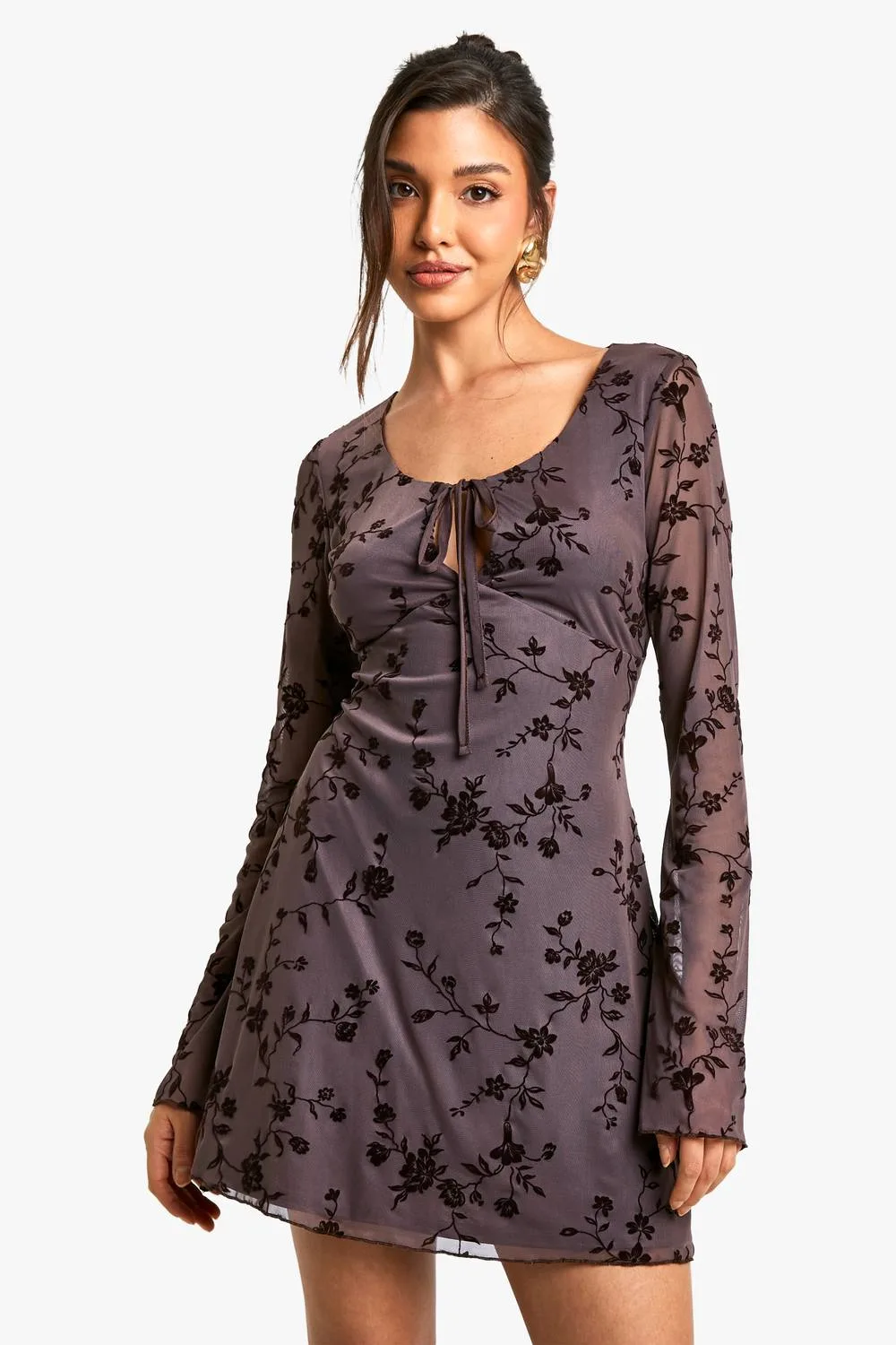 Mesh Tie Front Flare Sleeve Mini Dress by boohoo