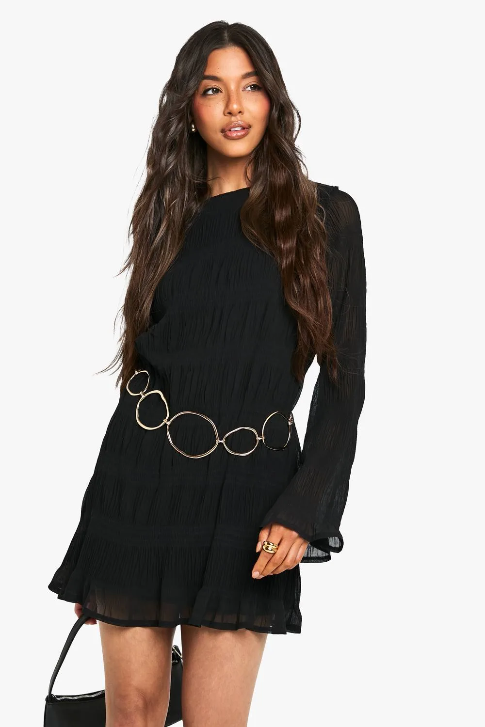 Textured Long Flare Sleeve Mini Dress by boohoo