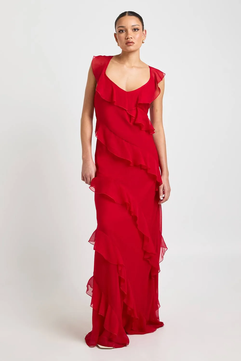 Chiffon Ruffle Fit & Flare Strappy Maxi Dress