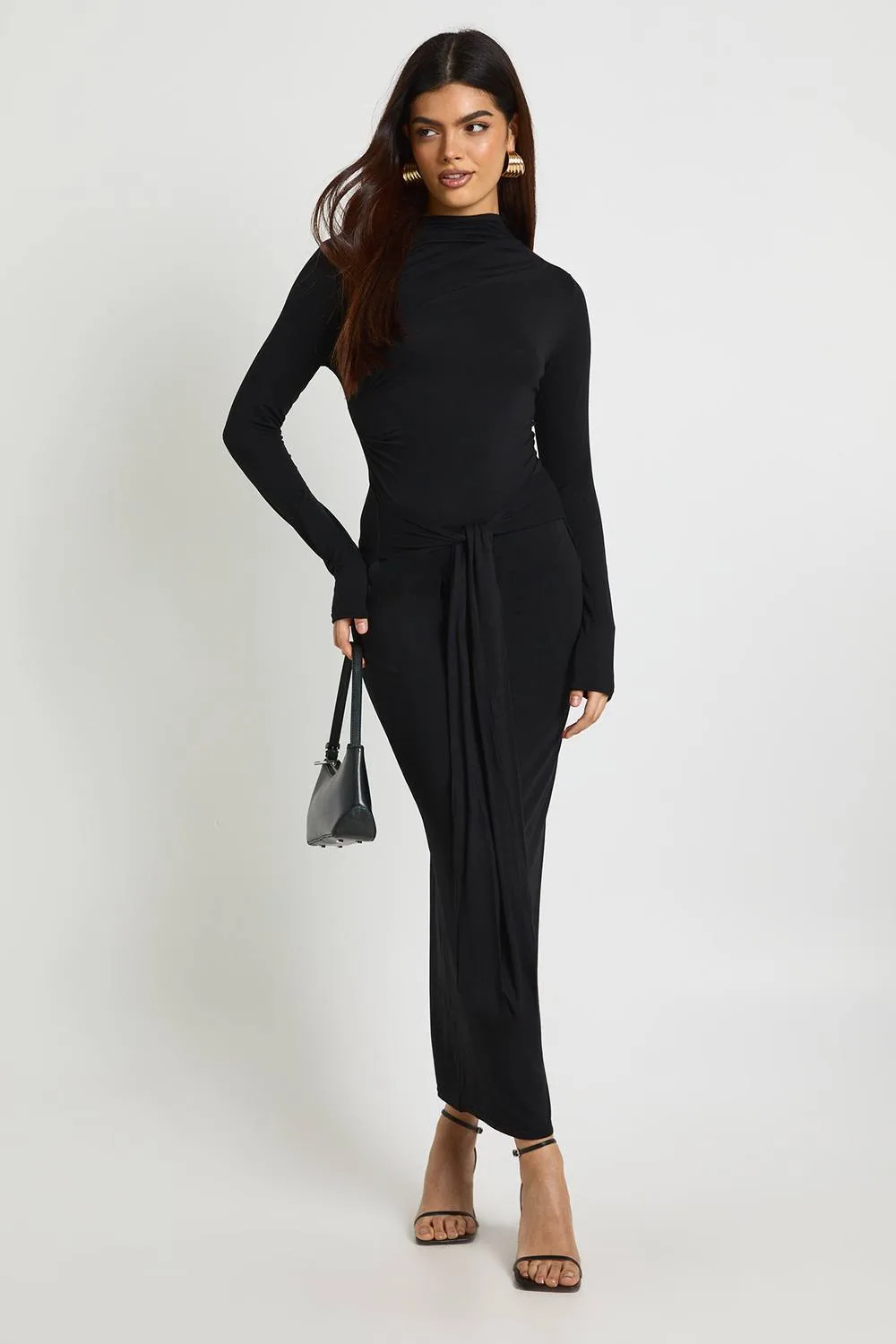 Marl Long Sleeve Tie Waist Midaxi Dress by boohoo