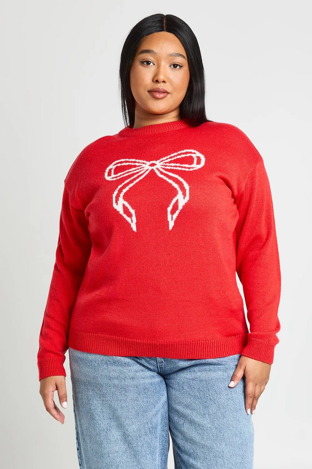 Plus Bow Print Christmas Jumper by boohoo